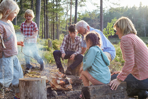 Grandparents and grandchildren enjoying campfire at lakeside