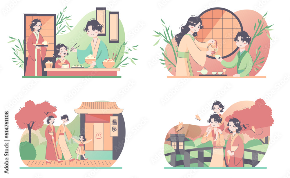 Fototapeta premium Daily routine of a japanese man set. Modern clerk working, spending