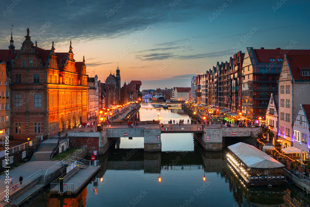 The Main Town of Gdansk by the Motlawa riover at sunset, Poland