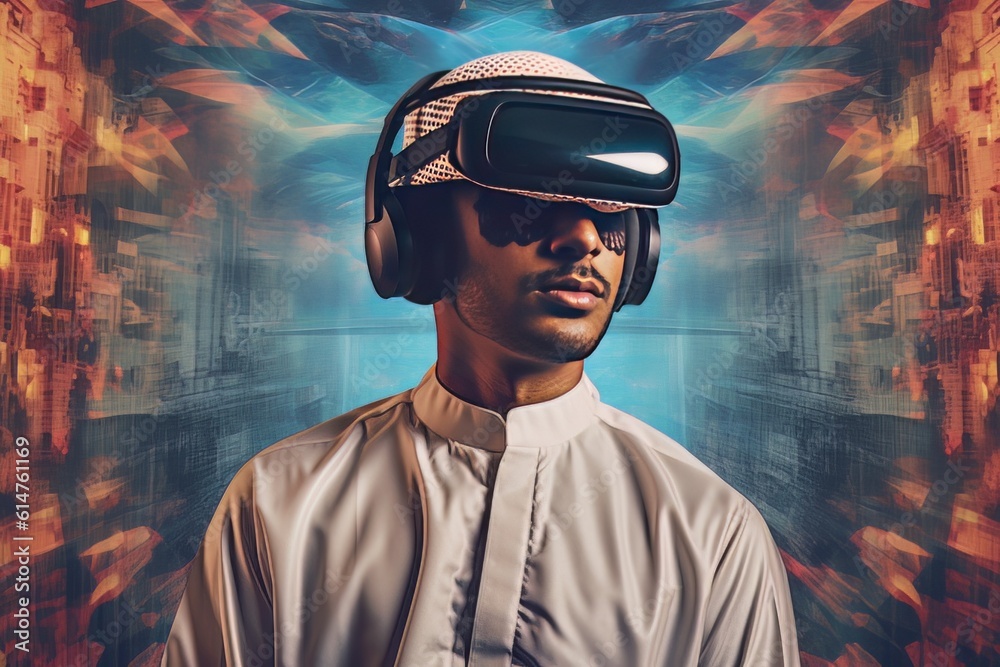 Face of modern Muslim man with beard wearing virtual reality glasses in cyber space AI