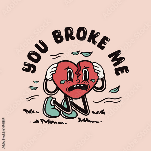 broken heart mascot character illustration