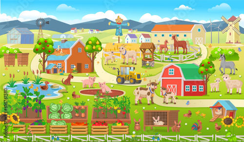 Farm panorama with a greenhouse, barn, houses, mills, fields, trees and farm animals.Big scene with farm animals for kids.Vector illustration in cartoon style.
