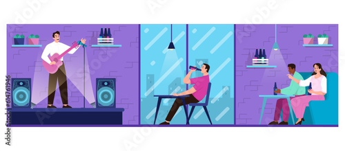 Bar interior. Friend group hanging out in bar or pub drinking alcoholic