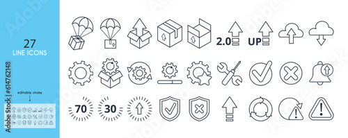 A set of icons for updating application software. Get and unpack updates, parachute icon, danger icon, settings, installation, maintenance, upgrade, download, configuration, options, restore settings.