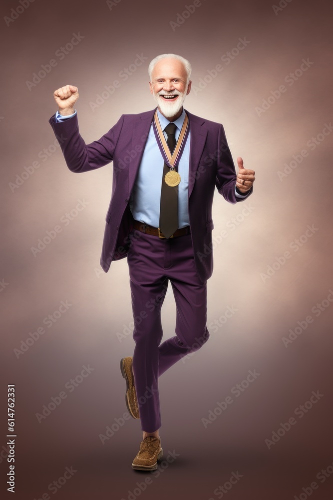 Full length portrait of a senior man celebrating success with a golden medal, Generative AI Full length portrait of a senior man celebrating success with a golden medal, Generative AI