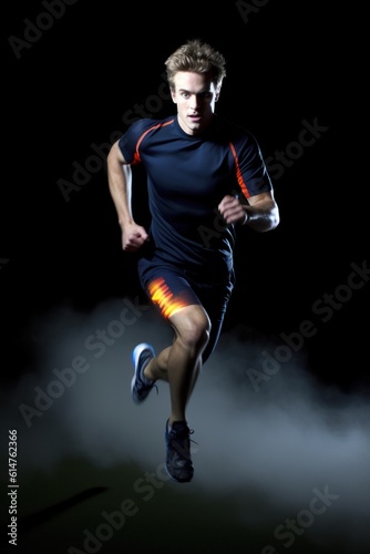 Image of young sportsman running on dark background with smoke and lights, Generative AI