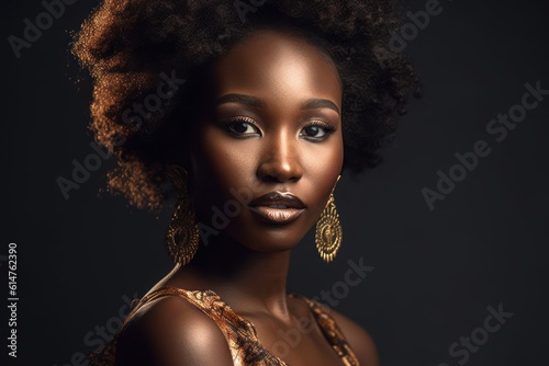 Beautiful african american woman with afro hairstyle and makeup, Generative AI