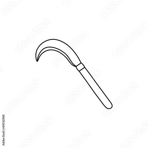 Garden sickle in hand drawn doodle style isolated on white background
