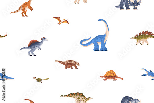 Dinosaurs seamless pattern. Cute childish texture design, repeating print with animals. Dino characters endless background, kids wallpaper. Flat vector illustration for decoration, wrapping, textile