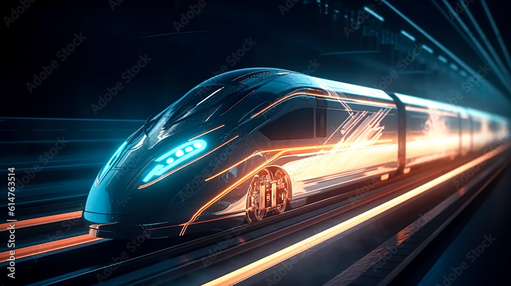 Fototapeta premium The modern train rushes at speed, generative AI.