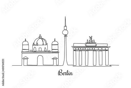 Single one line drawing Berlin skyline, German. City concept. Continuous line draw design graphic vector illustration.