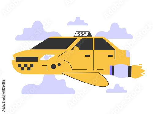 Taxi service of the future. Self-driving flying yellow taxi car. Futuristic
