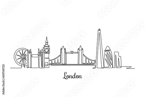 Single one line drawing London skyline. City concept. Continuous line draw design graphic vector illustration.