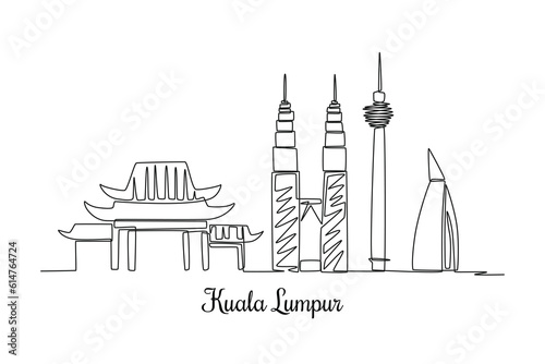 Single one line drawing Kuala Lumpur skyline. City concept. Continuous line draw design graphic vector illustration.