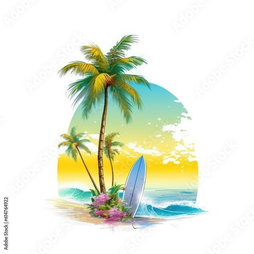 Serf Board and palm, vector design for t-shirt, splashes and waves, bright tropical design, california, miami
