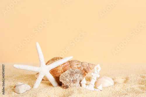 Seashells with starfish and stone on sand background. Sea summer card