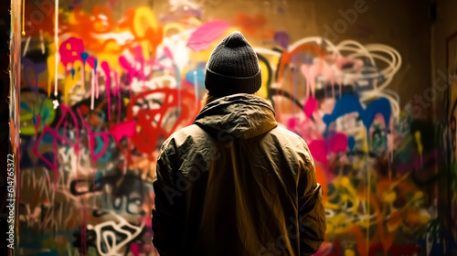 A man stands in front of a graffiti wall, generative AI.