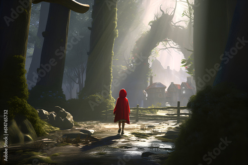 Ai generated Illustration of little red riding hood in the forest with basket in her hands and on white background