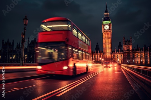Close - up shot, charm of London at night as a red double - decker bus gracefully crosses. Generative AI