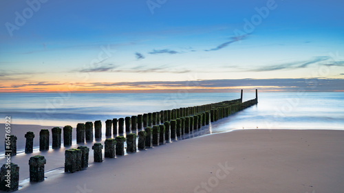 Fototapeta Naklejka Na Ścianę i Meble -  Weathered wooden posts on Dutch beach in winter. It is low tide now.
