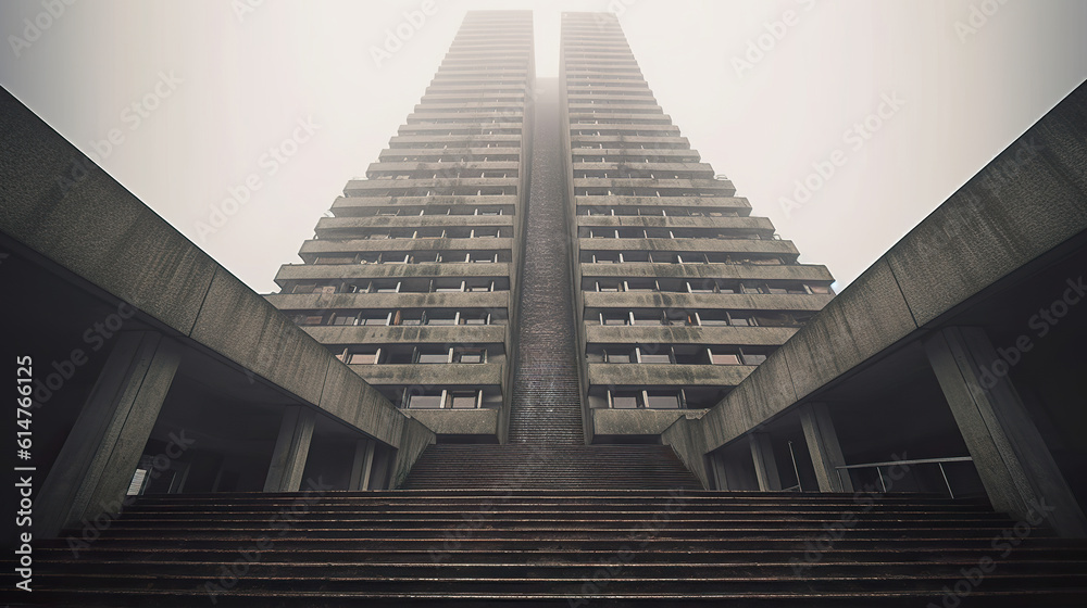 Obraz premium High rise stairs leading to enormous tower. Empty office buildings in a financial center. Stairs going up. Realistic 3D illustration. Generative AI