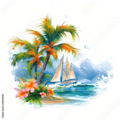 Ship and palms, vector design for t-shirt, splashes and waves, bright tropical design, california, miami