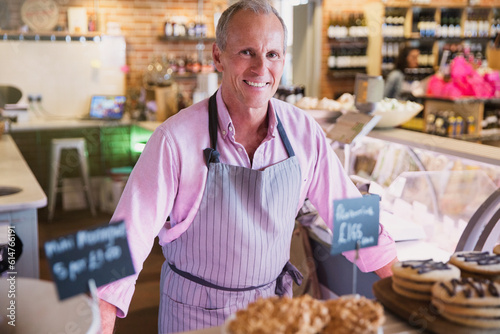 Slika na platnu Portrait smiling worker behind desserts in market