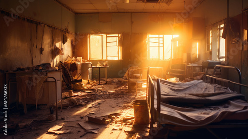 The inside of the patient room in the hospital is damaged because of the war