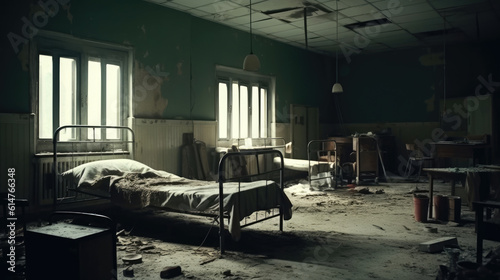 The inside of the patient room in the hospital is damaged because of the war