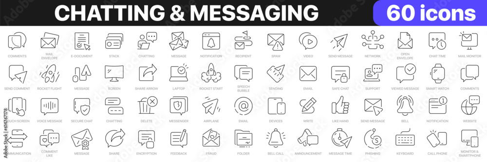 Chatting and message line icons collection. Chat, message, email, comment icons. UI icon set. Thin outline icons pack. Vector illustration EPS10
