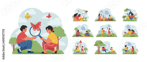 Children exploring nature on summer holidays set. Active outside