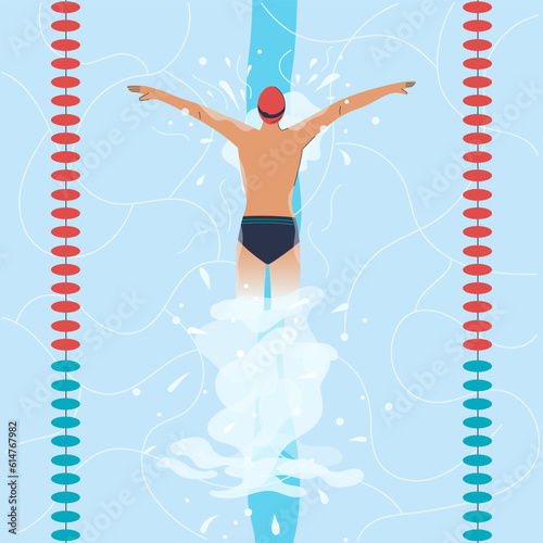 A swimmer athlete in the pool swims in the butterfly style. Sports, time trial competition or swimming lesson. View from above top. Flat vector illustration