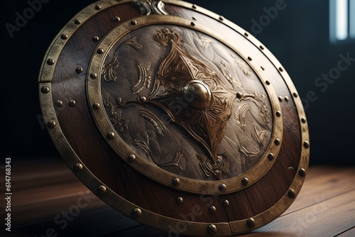 Detailed illustration of wooden shield. Realistic. Generative AI