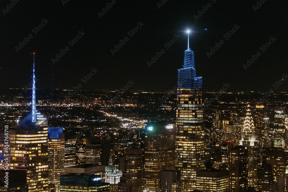 Aerial shot of the cityscape of New York City, USA at night