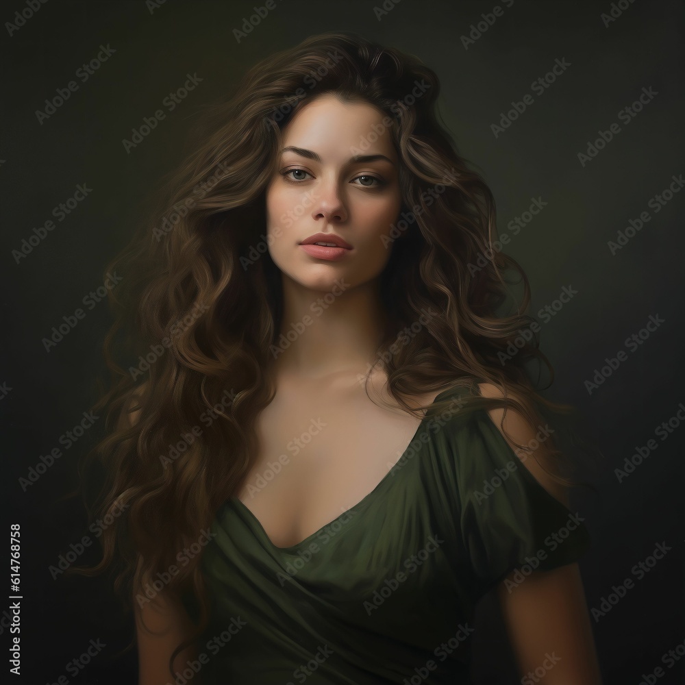 Naklejka premium Portrait of an attractive young Caucasian woman with long brown hair, AI-generated.