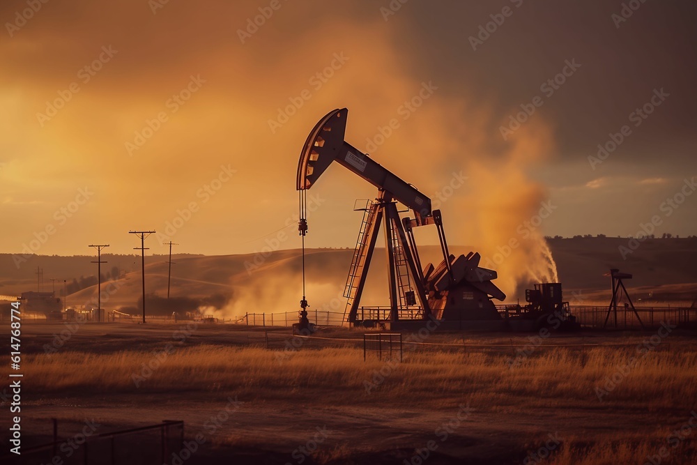 AI generated oil well set against a cloudy sky with a plume of smoke rising from the back of it