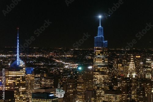 Aerial shot of the cityscape of New York City, USA at night