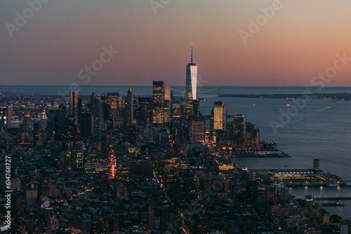 Aerial shot of the cityscape of New York City, USA at sunset