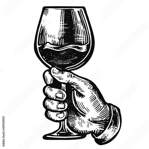 hand holding a wine glass vintage sketch
