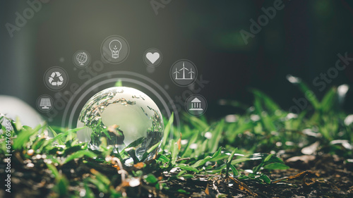 Crystal ball placed on green grass and with icons related to environment, society and governance in sustainable and ethical business. global sustainable environment concept