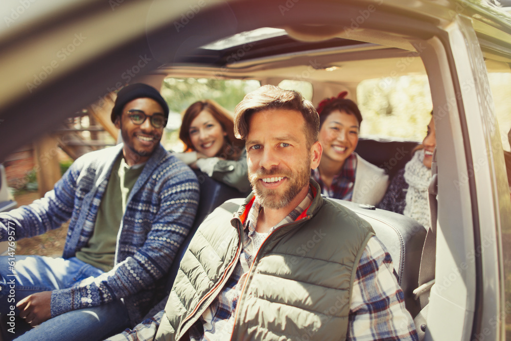 Portrait smiling friends inside car Portrait smiling friends inside car