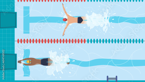 Swimming competition, swimmers athletes of different races are engaged in sport. Top view of the swimming pool with a butterfly style lesson. Vector horizontal illustration for web design