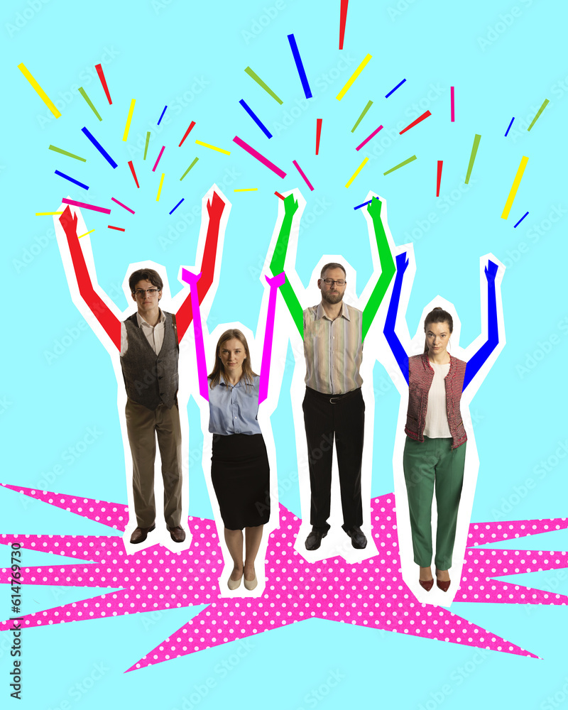 Obraz premium Office workers, employees in formal wear standing with serious expression against colorful background. Time to relax. Contemporary art collage.