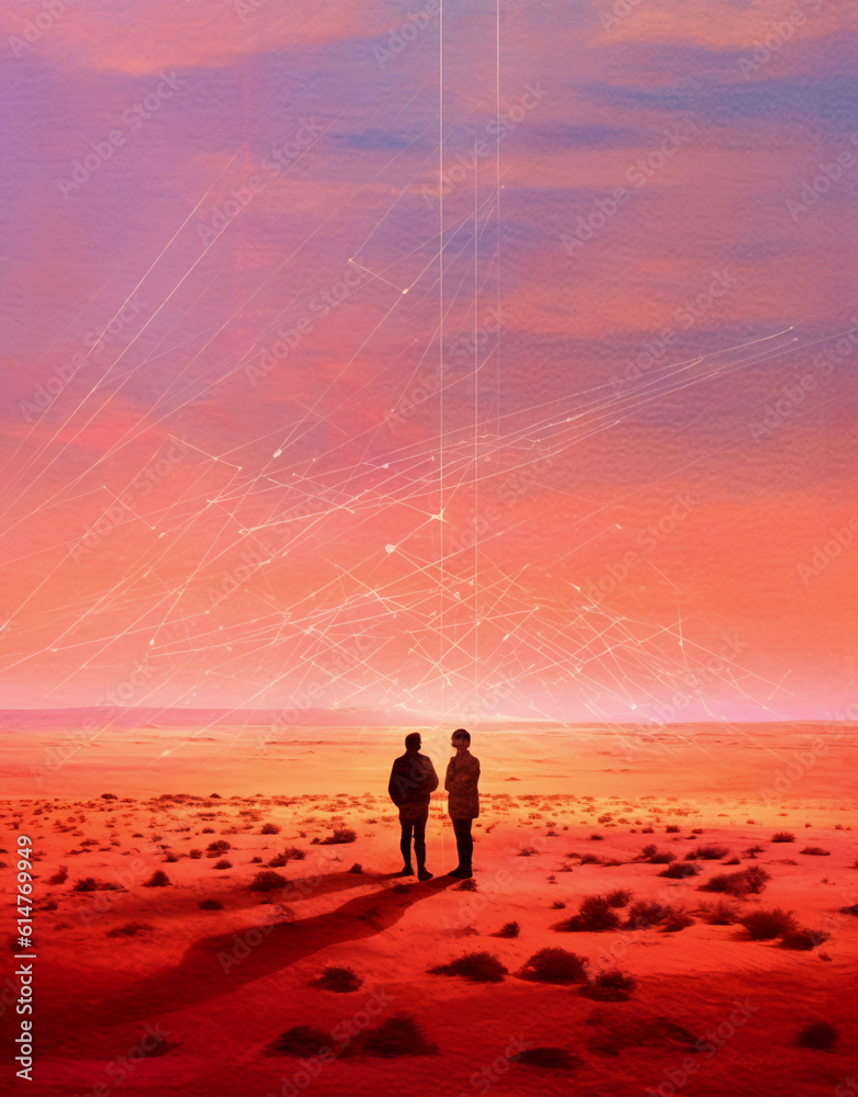 An AI-generated illustration depicts two people immersed in a conversation about the universe and its mysteries. Connection and shared exploration of profound ideas. 