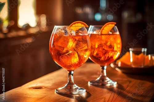 Fresh cold glass of aperol spritz cocktail on the table