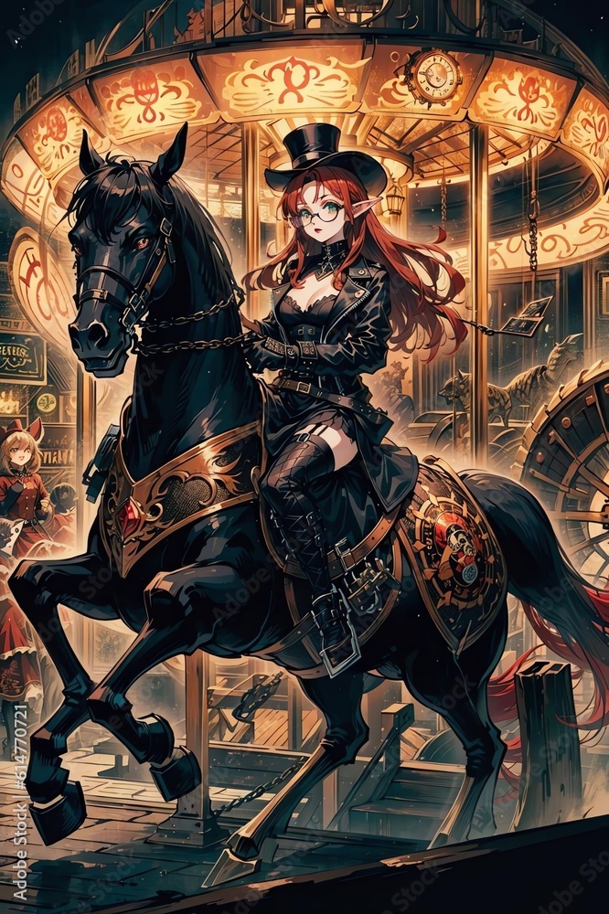 Goth girl riding the wooden horse