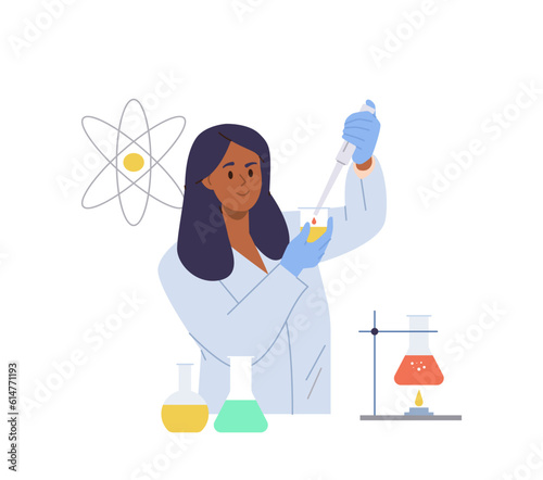 Woman doing chemical experiment with laboratory equipment testing samples making scientific research