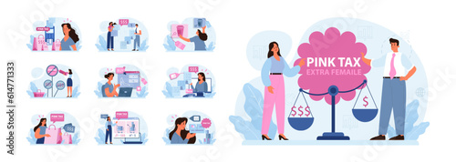 Pink tax concept set. Gender based price discrimination. Higher price