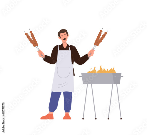 Adult man character holding skewer with freshly fried barbecue meat prepared on open grill roaster