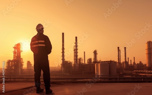 Operator Standing in Front of Industry at Sunset. Generative AI